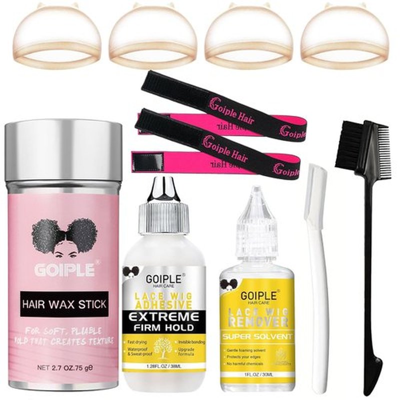 Lace Wig Glue Kit Lace Front Glue Kit for Wigs, Strong Hold Adhesive for Wigs and Hair Systems Invisible Bonding, Adhesive, Wig Remover, Hair Wax Stick, Edge Band, Razor & HD Wig Cap