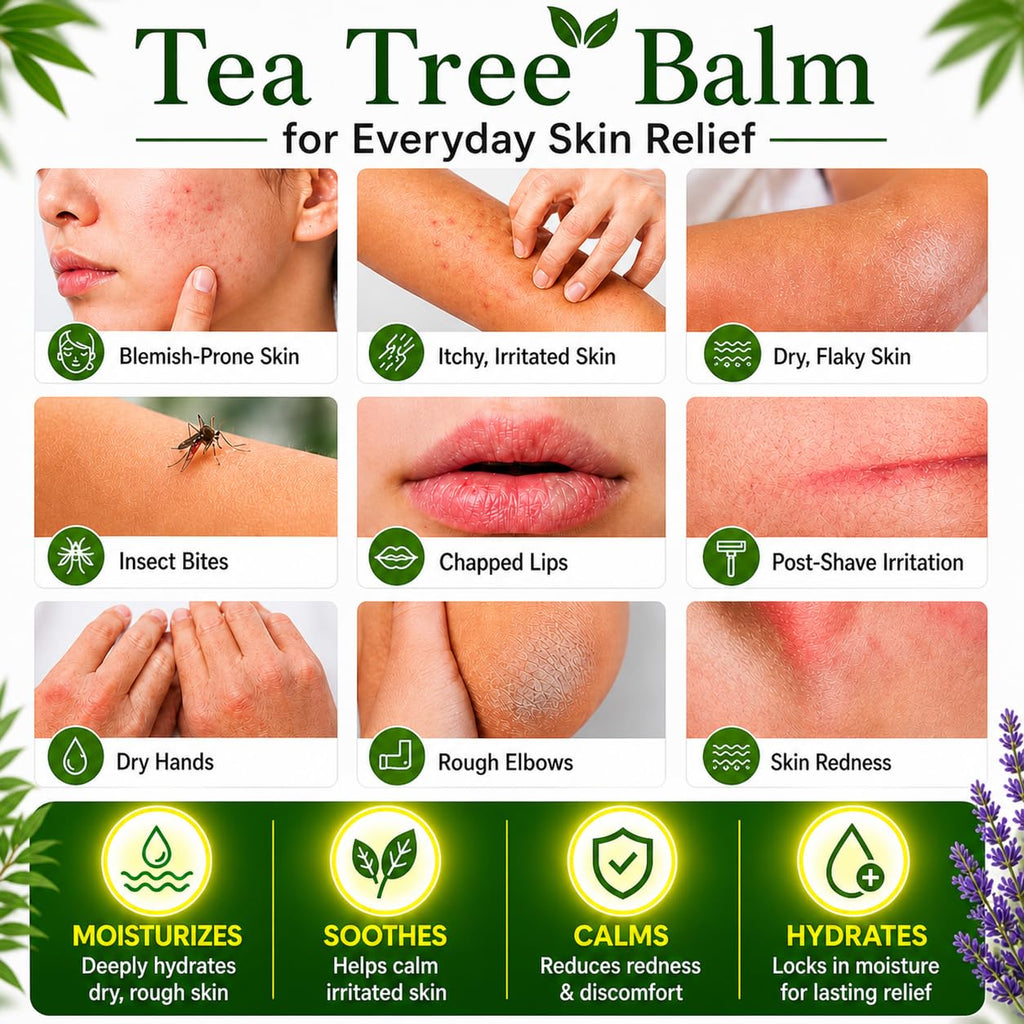 Tea Tree Oil Balm for Itchy Skin Relief – Soothing Moisturizing Balm for Dry Skin, Bug Bites, Chafing & Irritated Skin – Natural Skin Care for Body, Hands & Feet (1 Pack)