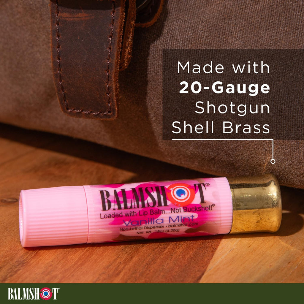 BALMSHOT Camo Vanilla Mint Lip Balm SPF 15 (4-Pack) – Beeswax Chapstick in 20-Gauge Brass Shotgun Shell Tube, Outdoor Lip Protector for Hunting, Fishing, Hiking, Heat Tolerant, Made in USA