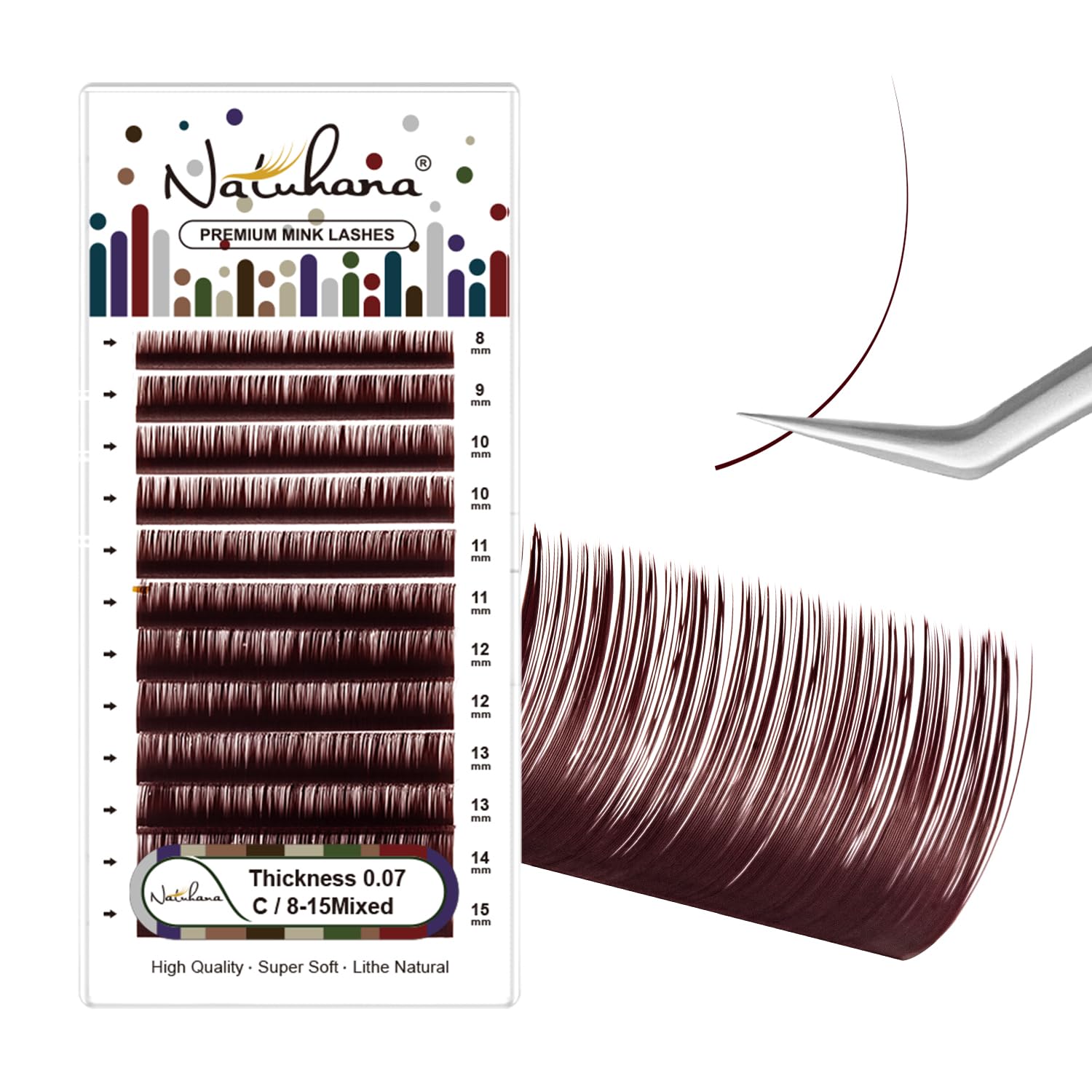 NATUHANA Colored Volume Eyelash Extensions 0.07mm C Curl 8-15mm Mixed & Single Length Tray Soft Individual Lashes, Professional Supplies for Lash Techs(Burgundy,0.07 C,8-15 MIX)