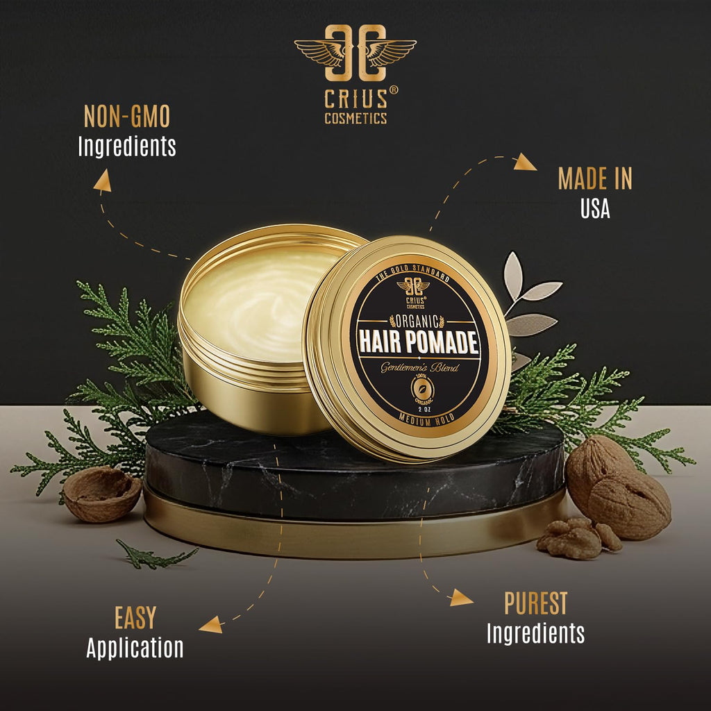 CRIUS COSMETICS Hair Pomade for Men - Certified Organic Pomade with Vegan Ingredients (Chronos And Creed), Natural Hair Balm for Strong Hold & Scalp Care (2 Fl Oz)