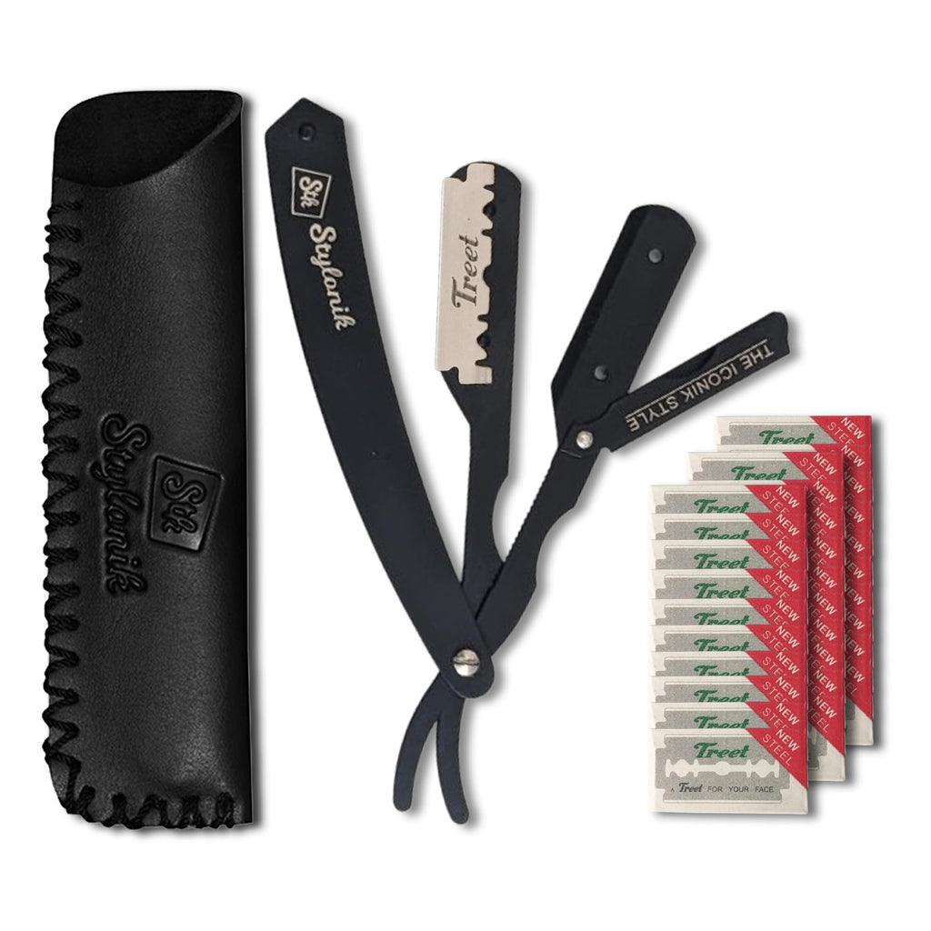 Stylonik Professional Straight Edge Barber Razor – 60 Single/30 Double-Sided Stainless Steel Blades for Men & Women, with Leather Case (Matt)