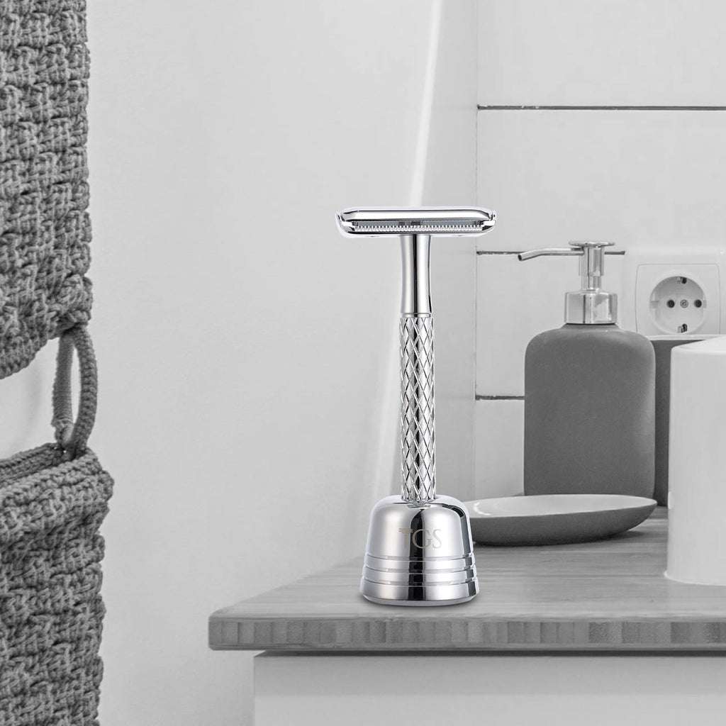 THE GROOMING SOCIETY Double Edge Safety Razor for Men with Stand and Silicone Cover - Durable Metal Eco-Friendly Single Blade Safety Razor with 10 Blades- Closed Smooth Shave (Silver)