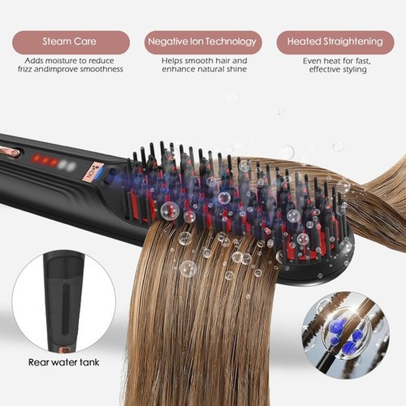 Tome Steam Hair Straightener Brush, 3-in-1 Ionic Straightening Comb with 2 Steam Levels, 3 Heat Settings (356°F–428°F), Dual Voltage 110-240V, Anti-Scald Design for Frizzy & Curly Hair (Black)