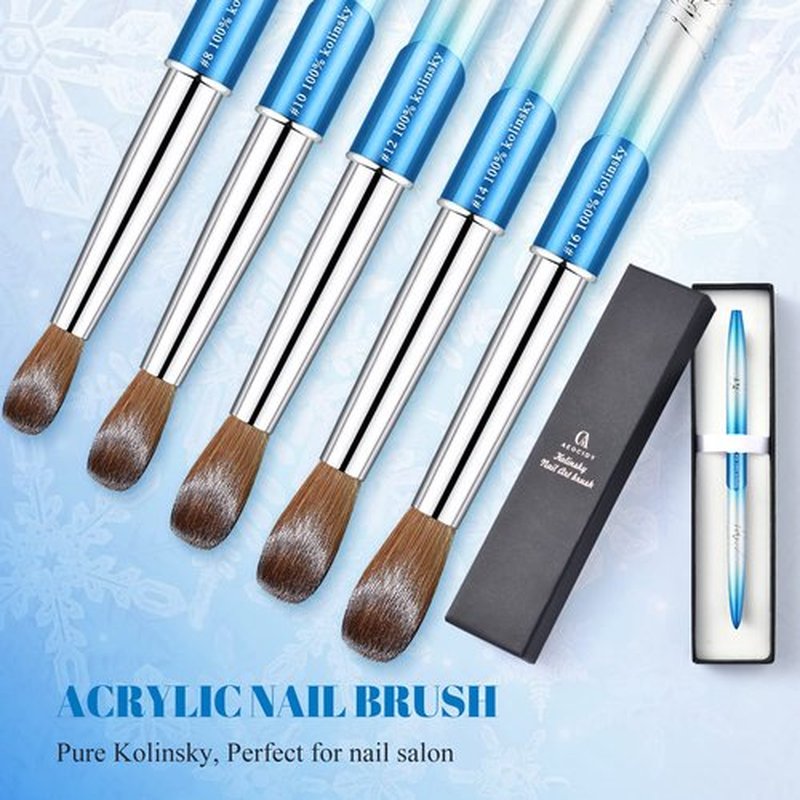 Kolinsky Acrylic Nail Brush Size 8 Round Shaped Oval Blue Metal Handle Nail Brush Nail Art Brush Professional Nails Brush for Nail Tech and Beginner