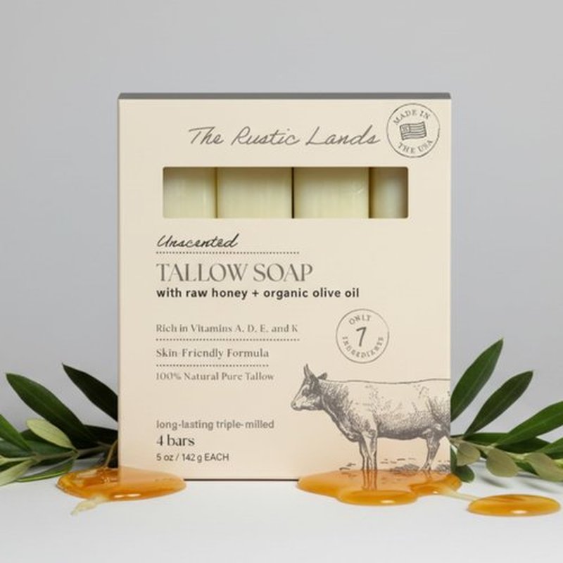THE RUSTIC LANDS Fragrance Free Natural Tallow Soap Bars Set of 4 - Grass Fed Beef Tallow with Raw Honey & Olive Oil - USA Soap for Sensitive Skin, Moisturizing Bath & Body, 5oz Each