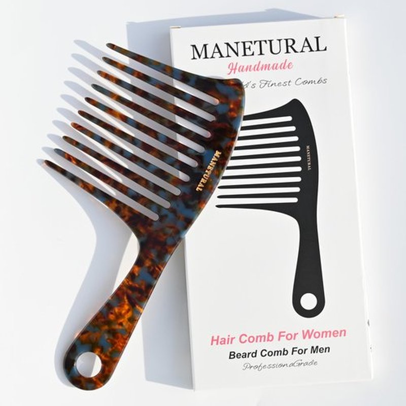 MANETURAL D1 | Large wide tooth Handle comb for Curly Hair, 7.4 Inch Mustache and Beard Comb for Men | Elevates, Preserves Curl, Eliminates frizz | Acetate comb (Tortoise)