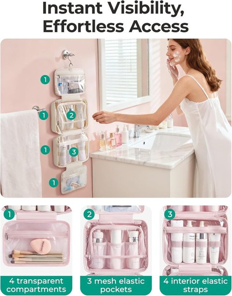 BAGSMART Travel Toiletry Bag - Portable Waterproof Makeup Organizer with Hanging Hook | Pink