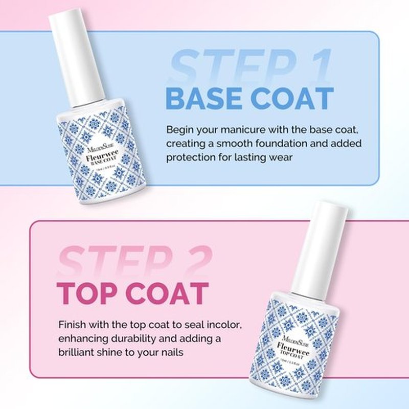 MelodySusie Fleurwee No Wipe Glossy Top Coat & Base Coat Gel Nail Polish Hema Free 21 Non Toxic Soak off UV Long Lasting No Chip Gifts for Women Finger Toe Nail Polish