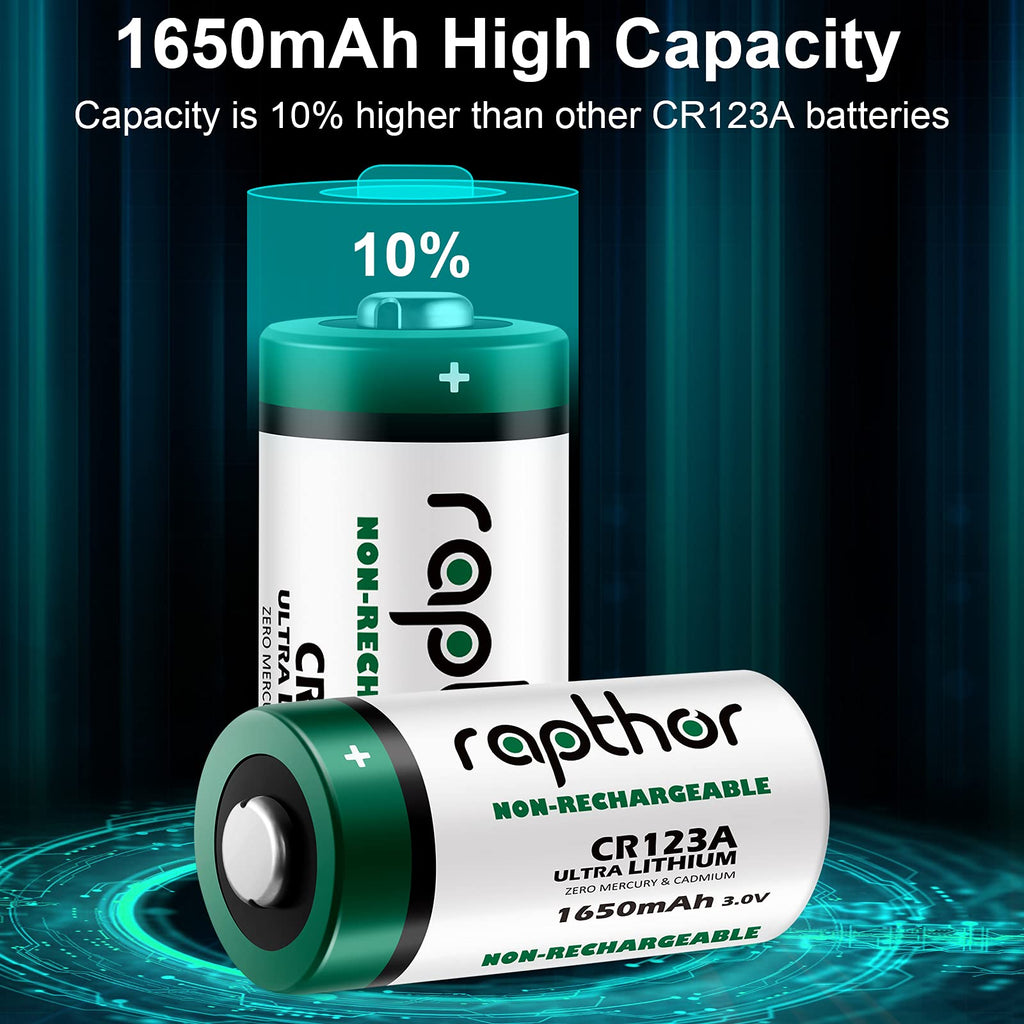 rapthor CR123A 16pack Lithium Batteries 1650mAh High Power UL Certified 3V Non-Rechargeable Battery with Built-in PTC for Flashlight Toys Alarm System Microphones (Not for Arlo)