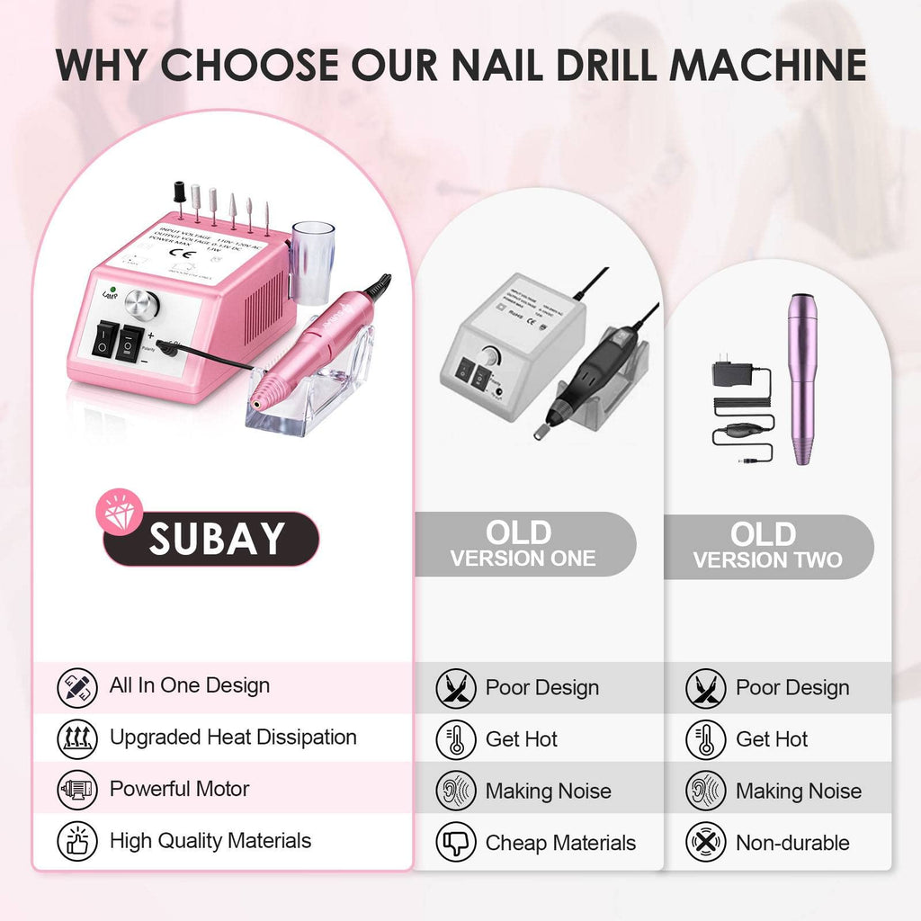 Subay Professional Finger Toe Nail Care Electric Nail Drill Machine Manicure Pedicure Kit Electric Nail Art File Drill with 1 Pack of Sanding Bands (Pink)
