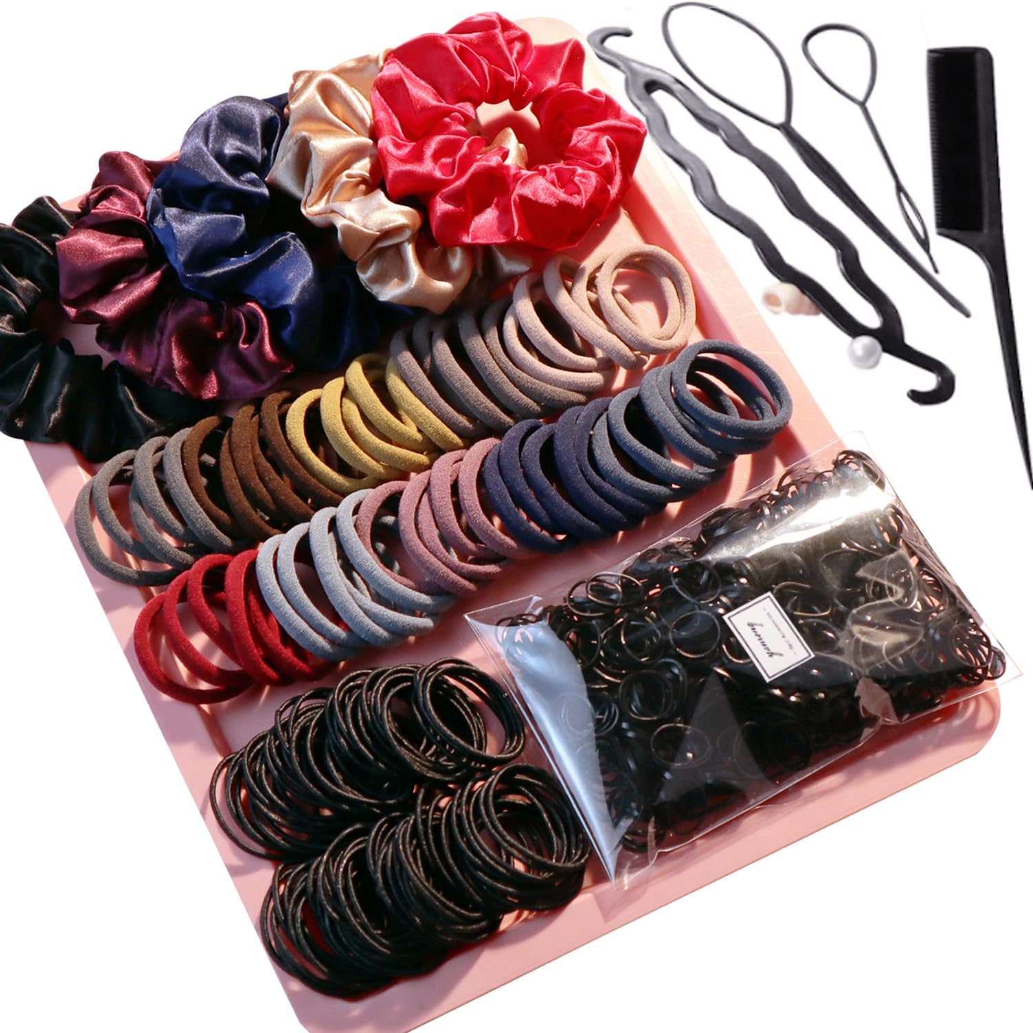 YANRONG Hair Accessories Set: 755PCS Seamless Ponytail Holders, Variety Scrunchies, Bands and Ties for Thick and Curly Hair (Dark)