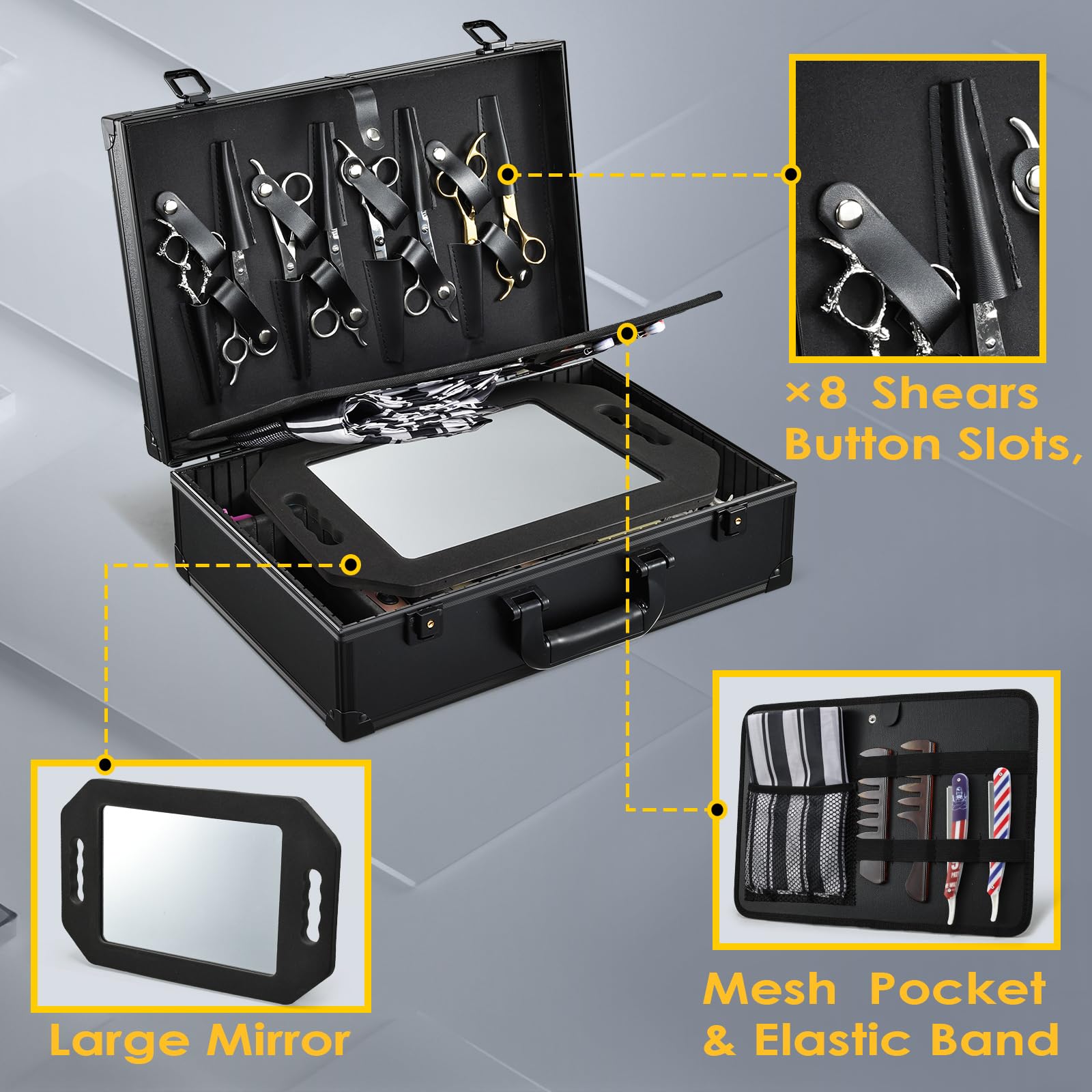 Yueieoun Barber Accessory Case with Mirror, Profesional Barbers Briefcase Tool Case, Barber Cases for Clippers and Supplies, Hair Scissors Trimmer Organizer, Salon Grooming Hard Travel Suitcase