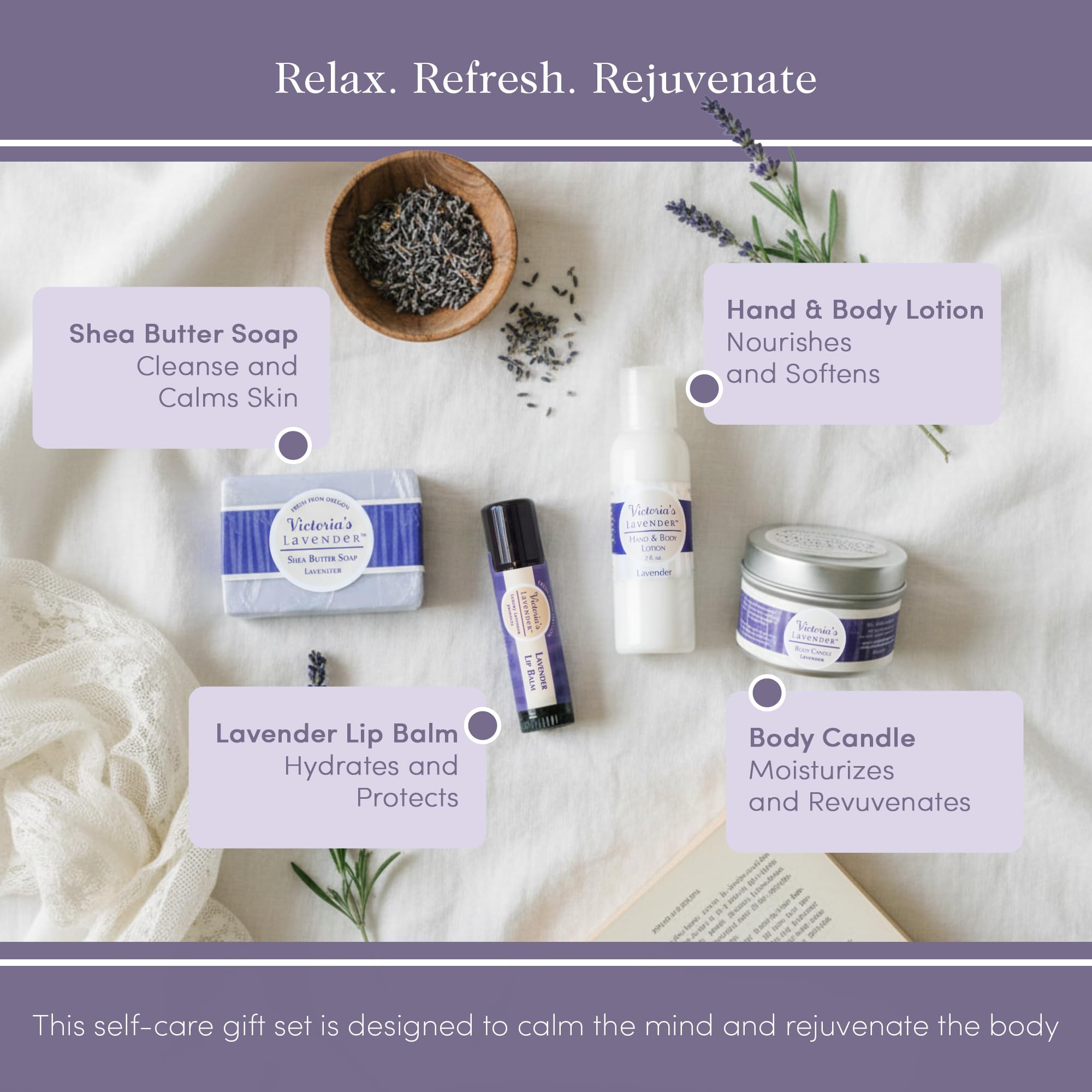 Victoria's Lavender Natural Body Products Gift Set - Handmade Soap, Hand & Body Lotion, Lip Balm, Body Candle Skin Care Sets & Kits, Lavender Infused Bath and Body Products for Women, Made in the USA