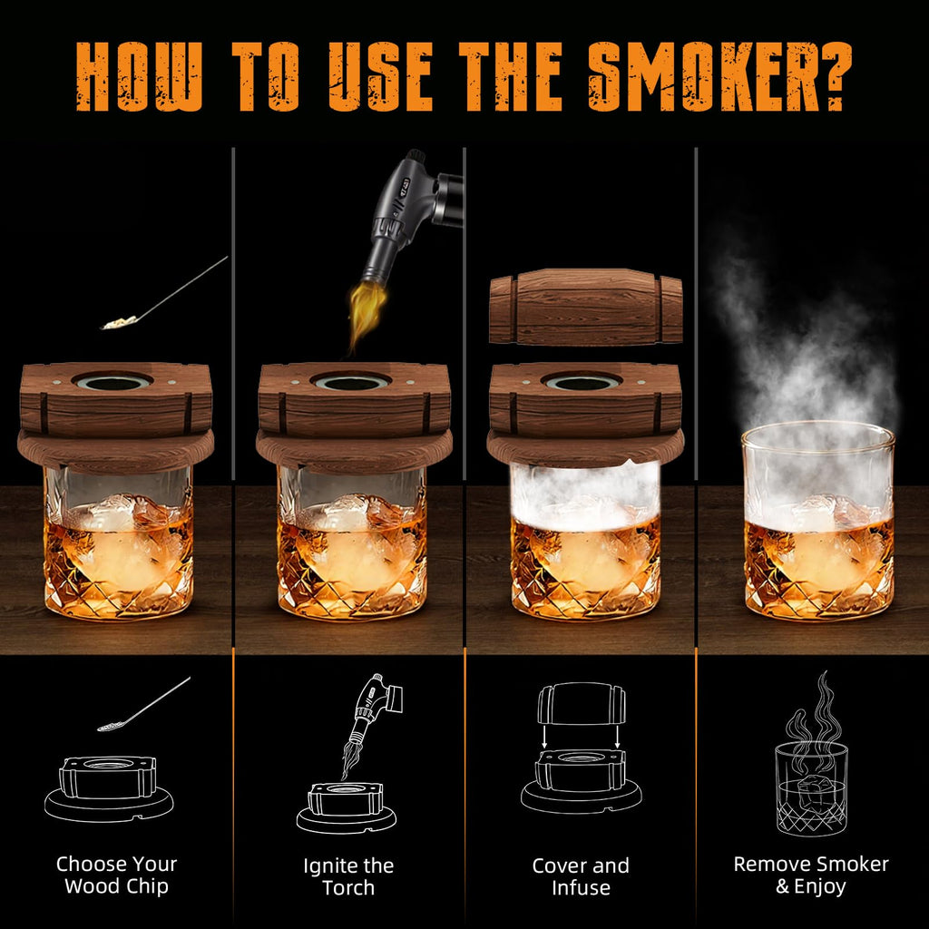 Birthday Gifts for Men Whiskey Smoker Kit Bourbon Cocktail with Torch-6 Flavors Wood Chips for Old Fashioned Drinks,House Warming,Unique for Men Him,Husband,Dad,Boyfriend(No Butane)