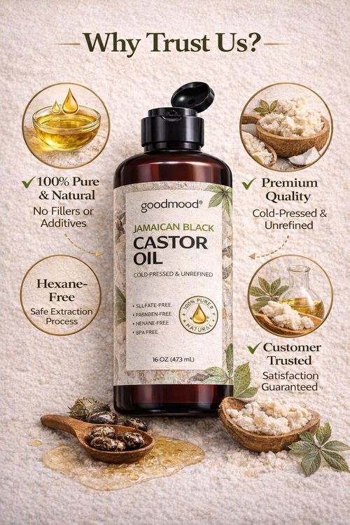GOODMOOD Jamaican Black Castor Oil, 16 oz, Organic Cold Pressed Unrefined, Pure Castor Oil for Hair Growth, Skin Care, and Belly Fat