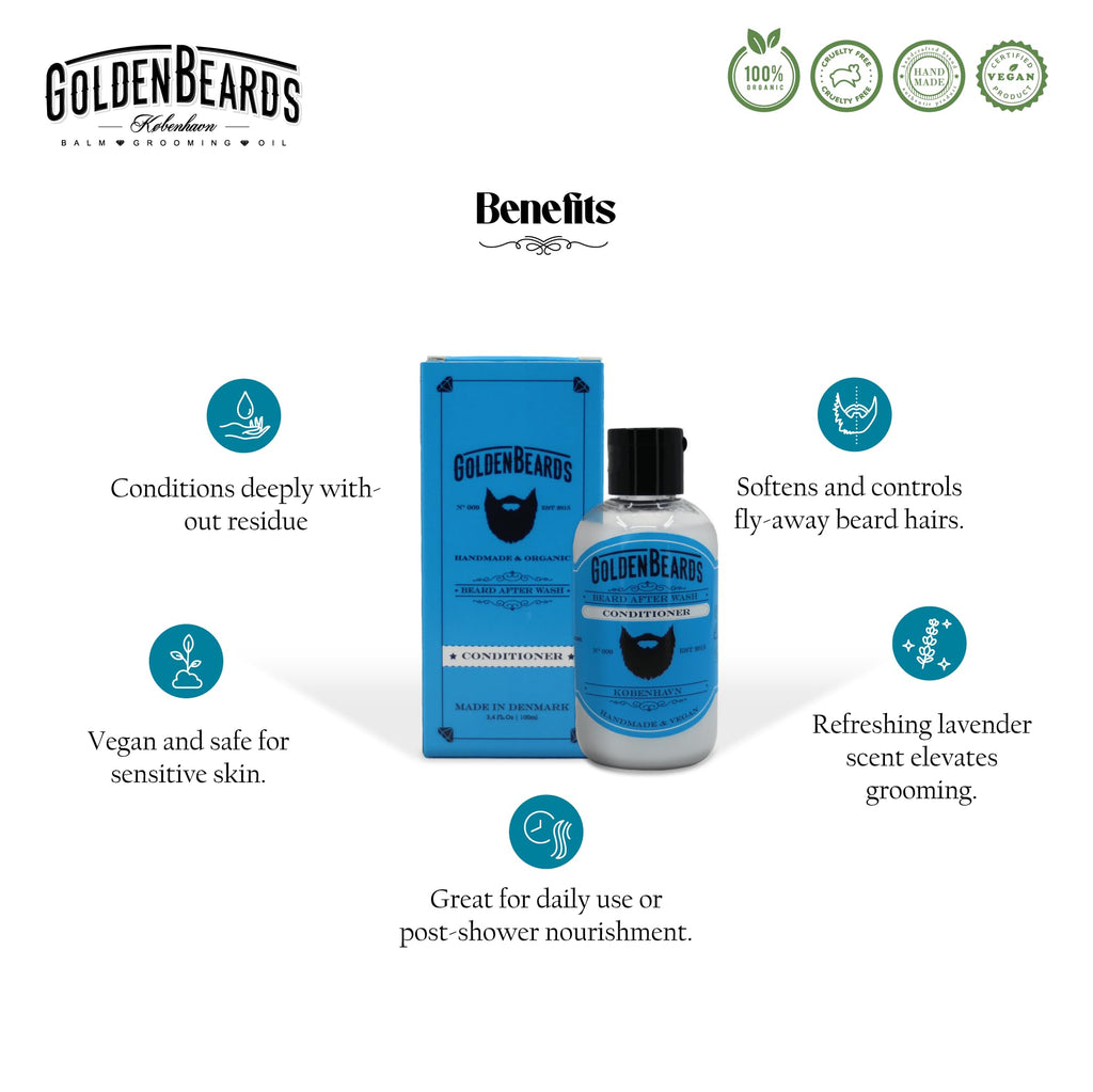 Golden Beards Beard Wash Set or single – Organic Beard Shampoo & Conditioner for Men, 100ml Each – Nourishing Jojoba & Oils with Carshalton Lavender Scent, Vegan & Handmade in Denmark (Conditioner)