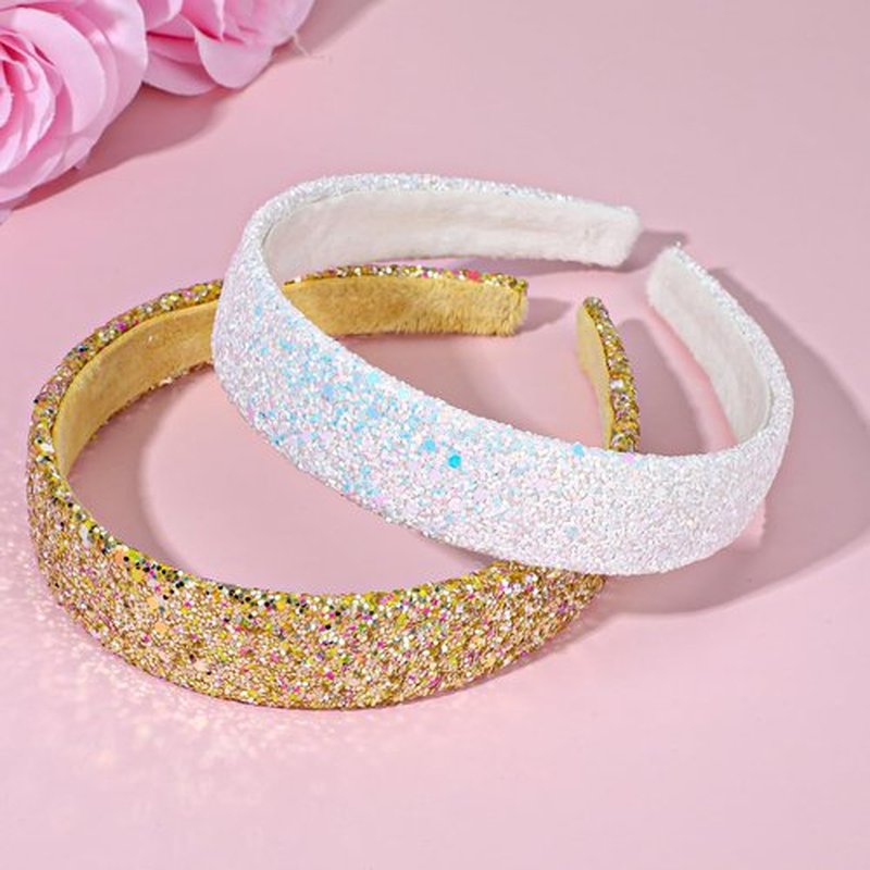 COMNICO 2 PCS Glitter Headbands for Girls, Cute Sparkly Wide Thick Head Bands Bling Non Slip Hairband Rainbow Sequin Little Girl Hair Accessories for Children Kids Women(White+Gold)