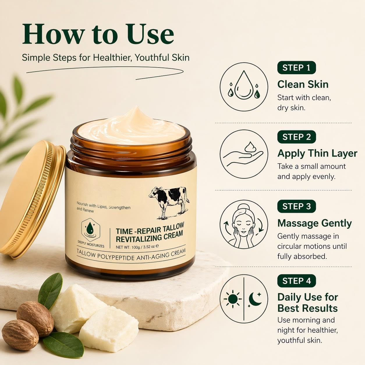 Tallow Face Cream with Peptides, Deep Hydration Moisturizer for Dry Sensitive Skin, Barrier Repair & Anti Aging Face Cream, Fragrance Free with Shea Butter (2PC)