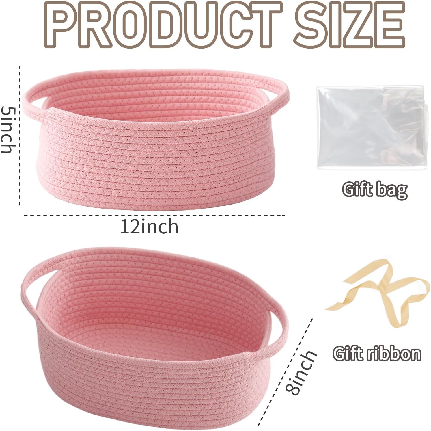 **JMvicyroam Woven Basket - Small Rope Storage Bin with Handles for Organizing Shelves | Pink, 2 Pack**