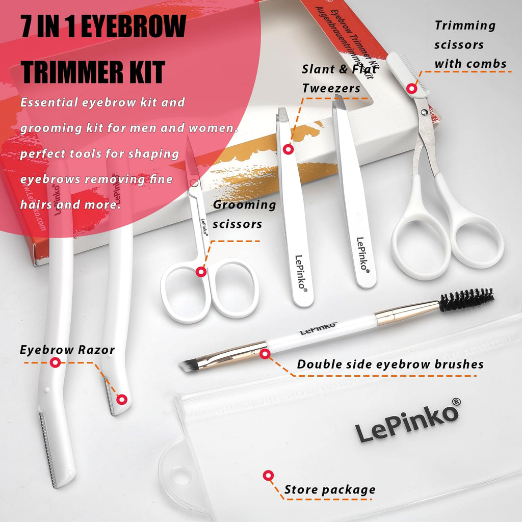 Eyebrow Trimmer Kit, 7 in 1 Eyebrow Scissors, Tweezer, Razor, Brush - White