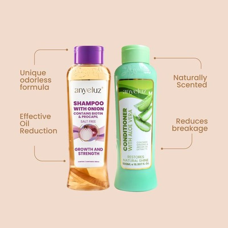 ANYELUZ Onion Shampoo and Aloe Conditioner Set, Strength and Hydration for your Hair, With Onion Extract, Biotin and Argan Oil, Cleanses Deeply and Provides Hydration