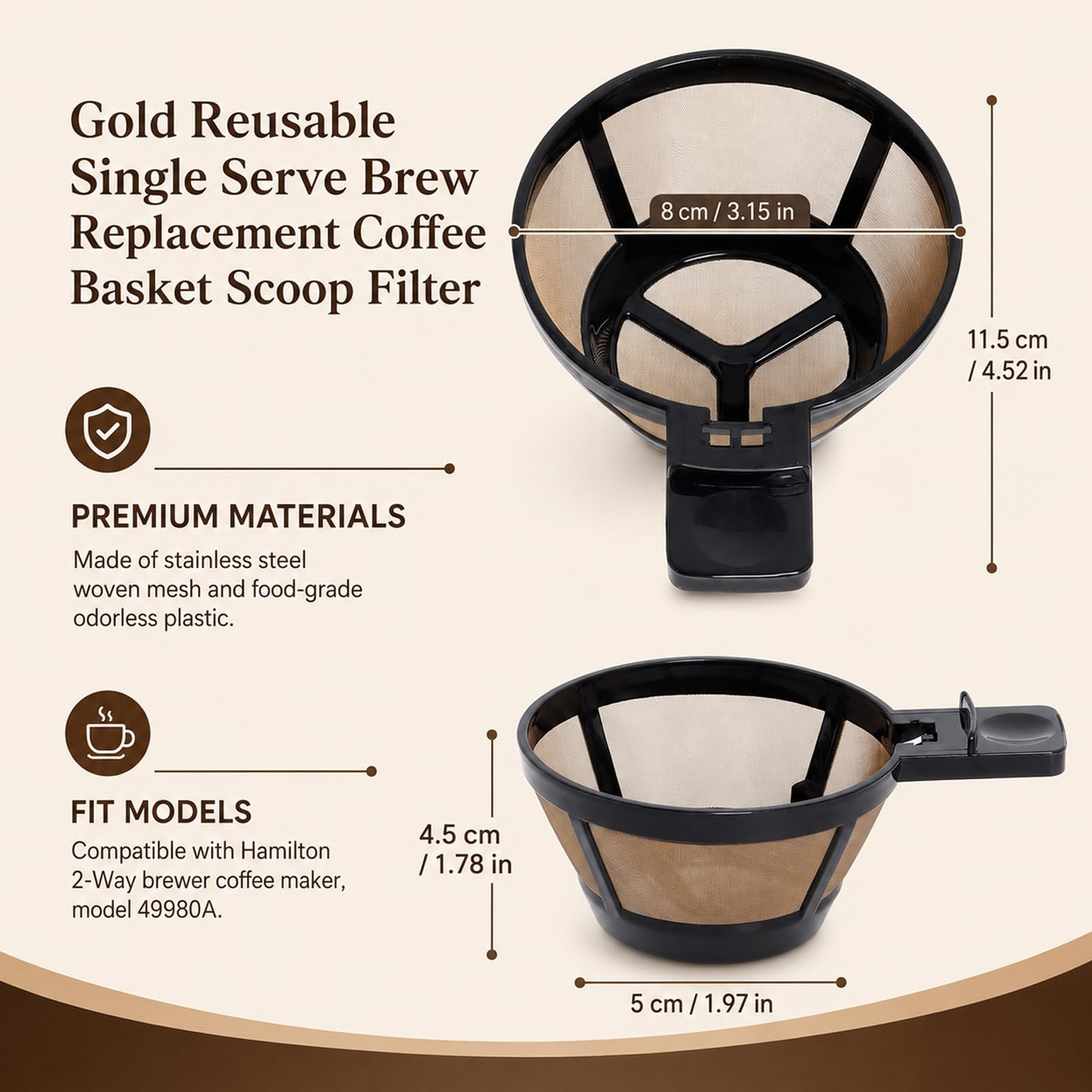 Reusable Single Serve Brew Coffee Basket Scoop,Gold Coffee Filters Replacement Compatible with Hamilton Beach 2-Way Coffee Makers 49980A, 49980Z, 47650, 49933 Accessories,Pack of 2