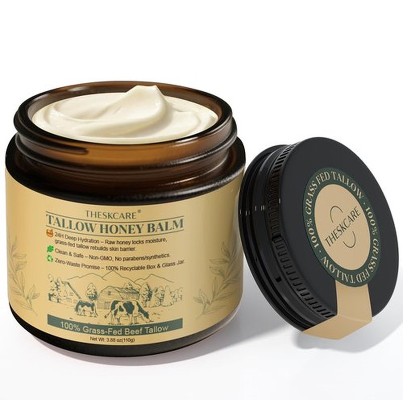 THESKCARE 100% Natural Honey Tallow Balm Multi-Purpose Honey & Grass-Fed Tallow Balm Deep Hydration for Dry Skin, Cracked Hands All-Natural No Preservatives or Additives