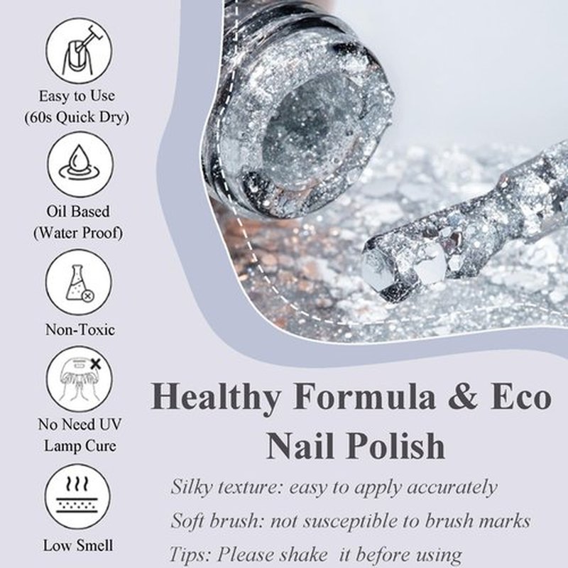 NovaCharm Glitter Nail Polish - Silver Nail Varnish Glitter - Diamond Flash Clear Nail Gel - Quick Dry Nail Polish Air Dry - Long Lasting Fingernail Polish Sparkle For Women Manicure DIY