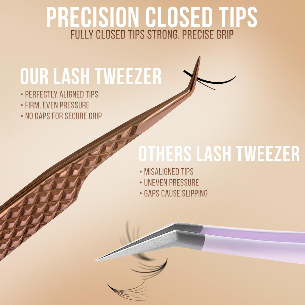 5 Pcs Fiber-Tip Japanese Steel Lash Tweezer Set with Leather Case, Professional Eyelash Tweezers for Lash Extensions – Titanium Coated, 90 & 45 Angled, Precision Pointed Tweezers (METALIC-ROSE)