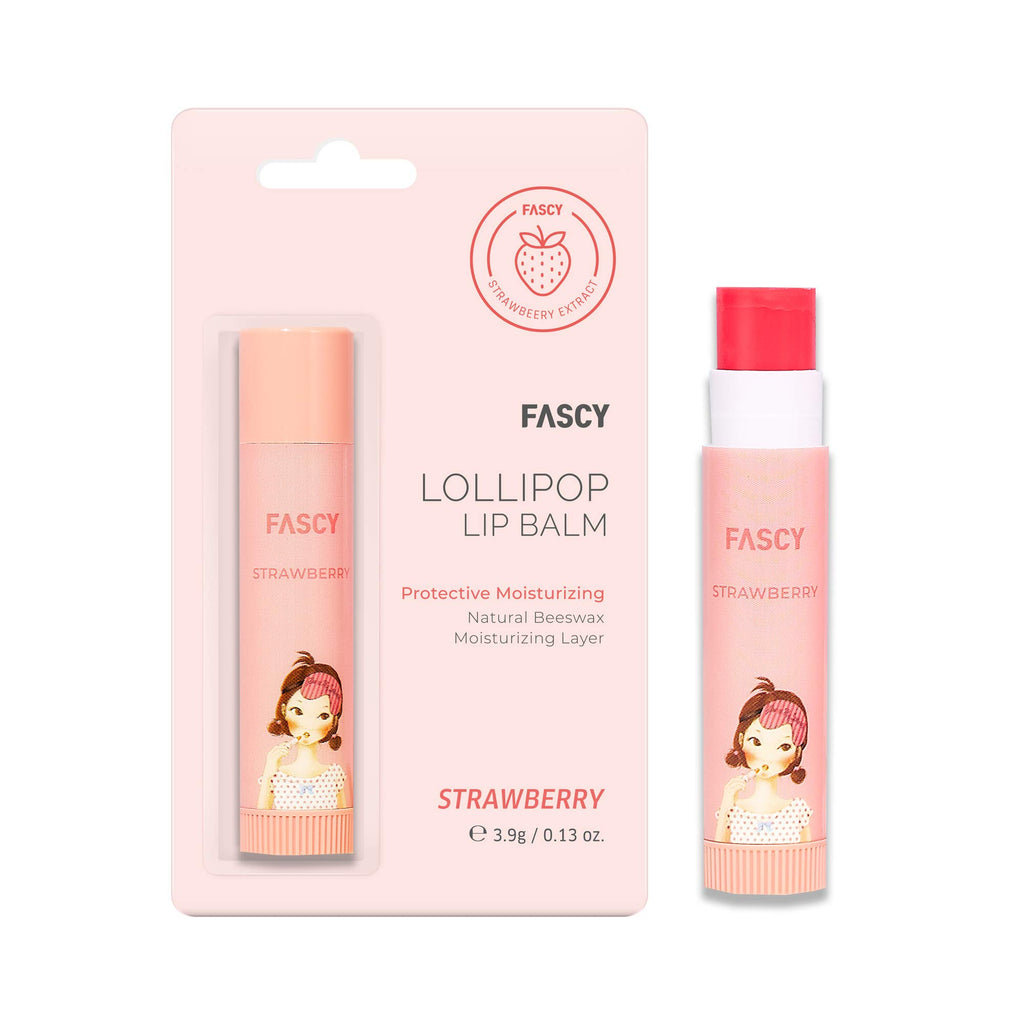 FASCY Lollipop Lip Balm – Lip Balms & Moisturizers, Premium Korean Beeswax + Moisturizing Shea Butter, Natural Soybean, and Vitamin E – Paraben-Free – Small (0.13 oz) (Strawberry)