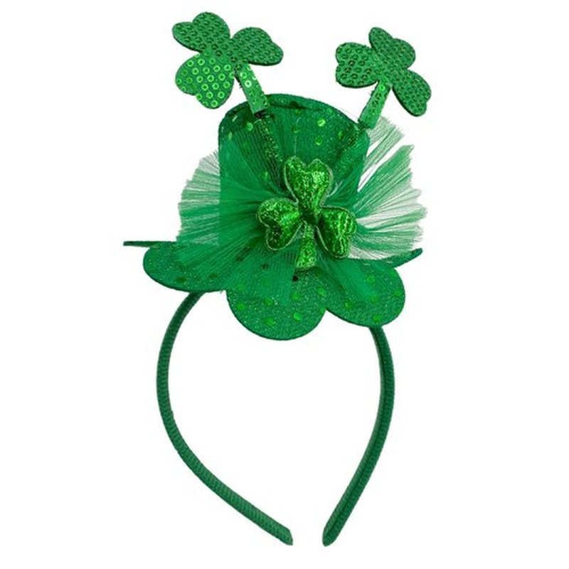 Needzo Little Top Hat St. Patrick's Sequin Headband, Green Hair Accessory With Clovers and Tulle for Holidays and Themed Parties, One Size Fits Most (Top Hat with Clovers and Tulle)