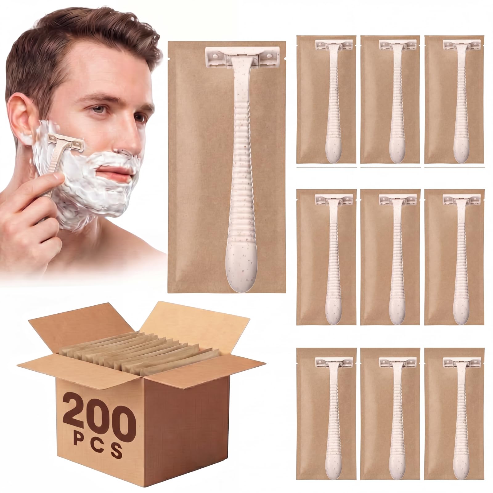 LemonRoad 200 Pcs Individually Wrapped Disposable Razors Bulk for Women Men Biodegradable Portable Twin Blade Shaving Razor Wheat Straw Shavers for Hotel Homeless Shelter Charity Camping Travel