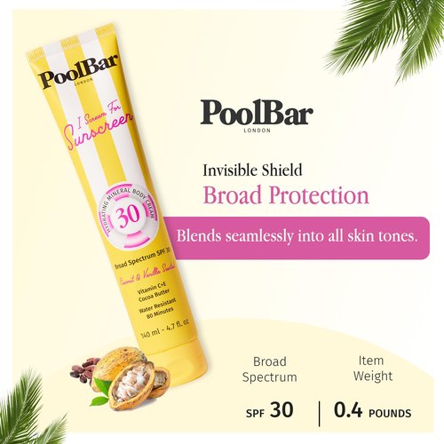 PoolBar SPF 30 Hydrating Mineral Body Sunscreen Cream for Women and Men Skin Care - Coconut Vanilla Scent Sun Care, Vegan and Water Resistant, Broad Spectrum Sunscreen, 140 ml (4.7 Fl. Oz) (Pack of 3)