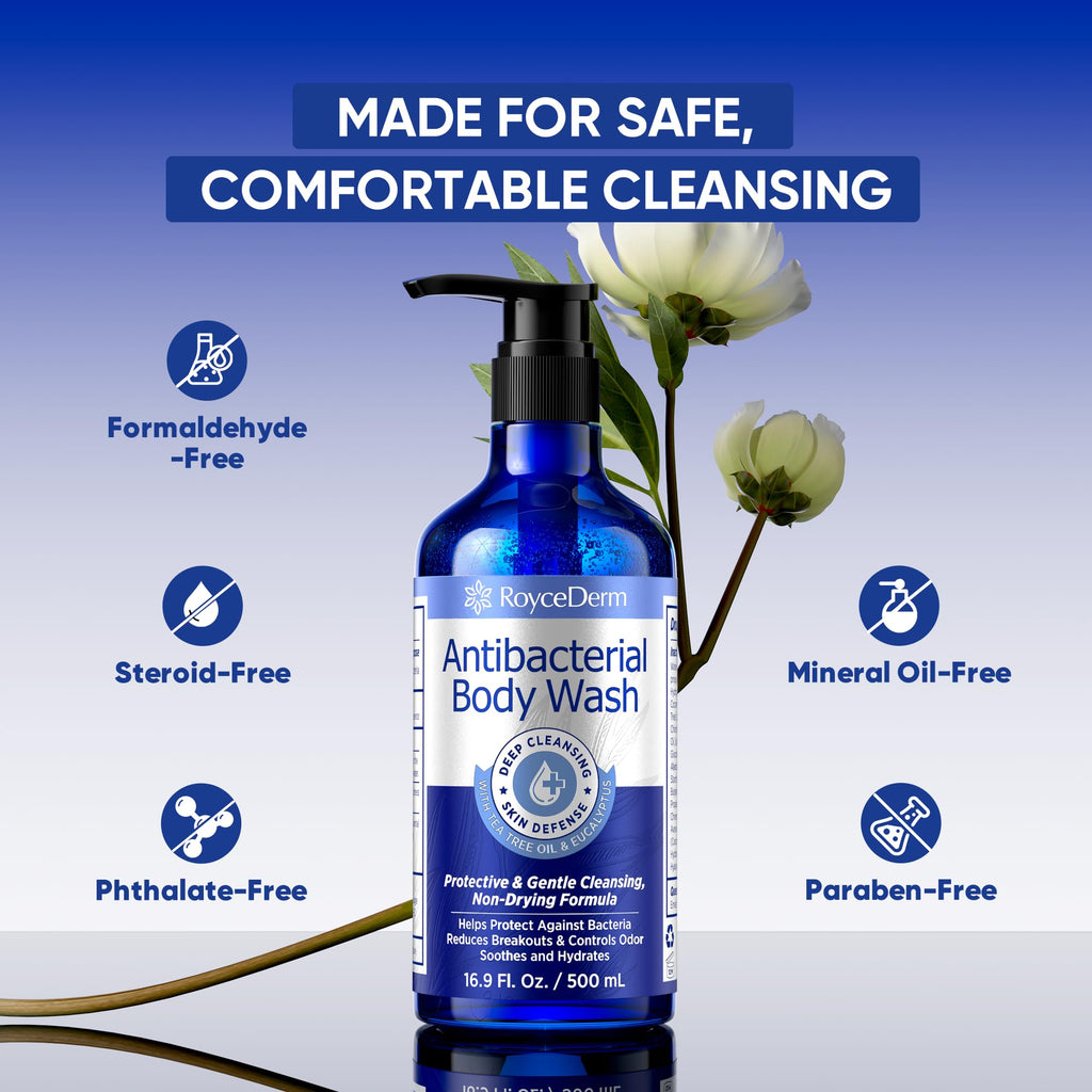 Roycederm Antibacterial Body Wash & Soap – Kills 99.9% of Germs & Bacteria – For Body Acne, Folliculitis & Odor Control – Gentle Daily Use for Men & Women (16.9 Fl Oz (Pack of 2))