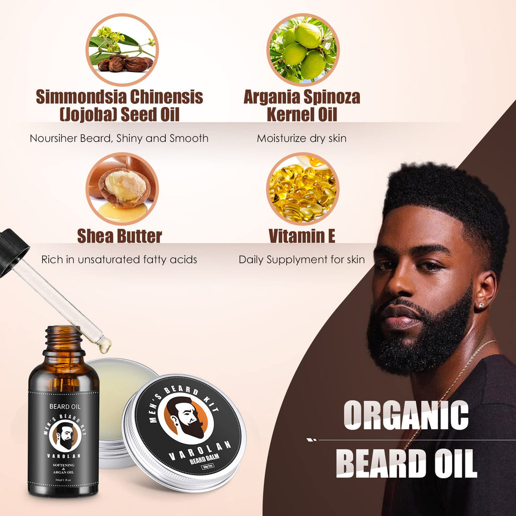 Varolan Beard Grooming Kit, Birthday Gifts for Men with Beard Oil, Balm, Brush, Wash, Wax, Comb, Scissors, 1 fl oz