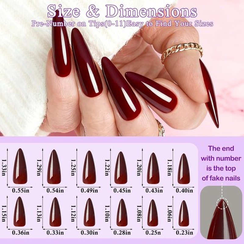 144pc Burgundy Press on Nails Long Stiletto Fake Nails with Glue Tabs, Wine Red Nails Press ons Nails Stiletto Glue on Nail Pointy Acrylic Nails Stick False Artificial Fingernail for Women Girls