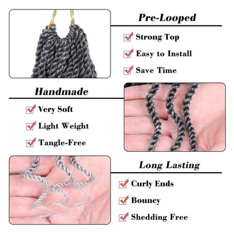 Leeven 8 Inch Wavy Senegalese Twist Crochet Hair 8 Packs Ombre Grey Pre Looped Short Micro Twist with Curly Ends, Small Hanava Twist, Synthetic Crochet Braids for Women Girl Kids
