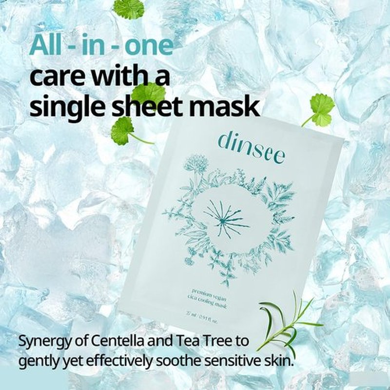 DINSEE Premium Vegan Cica Cooling Mask Sheet- Instant Calm & Glow, Skin Softening Facial Mask, Centella Asiatica & Hyaluronic Acid for Hydration, 27mlx5ea