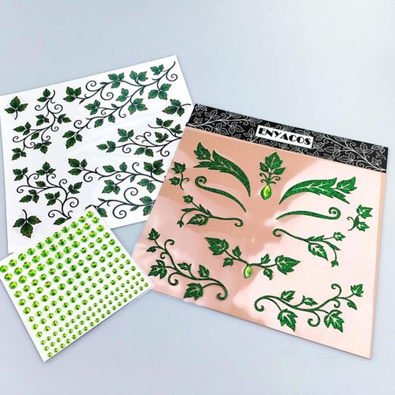 ENYACOS Ivy Face Sticker Set with Face Paint Temporary Tattoos and Green White Face Gems, Glitter Ivy Accessories for Halloween Costume, Cosplay Festival Makeup for Women Girls (A)