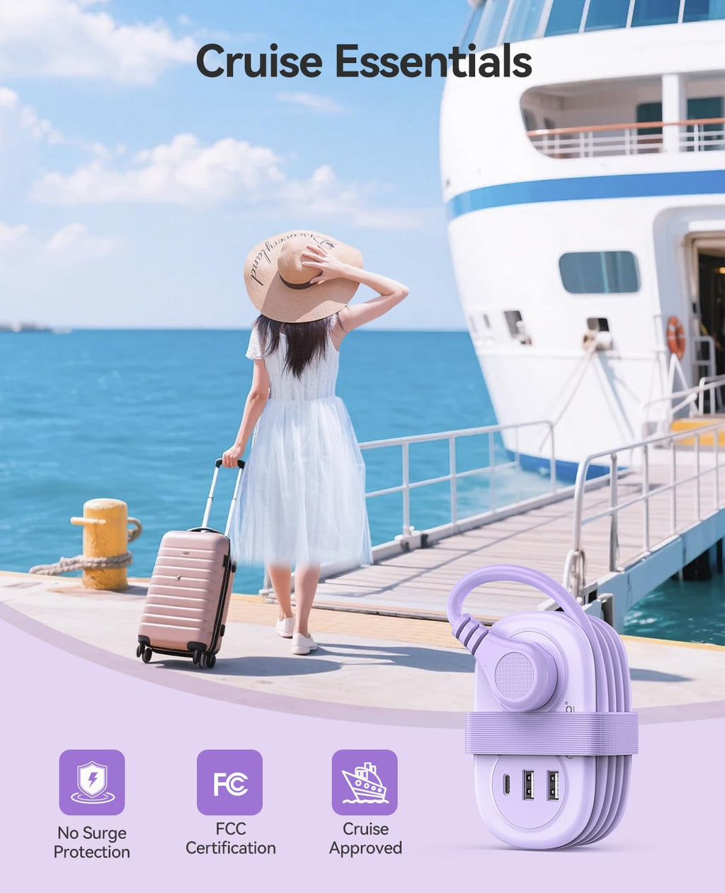 ORICO Cruise Approved Power Strip for Travel, 5 in 1 Extension Cord with 2 AC Outlets 2 USB-A and 1 USB-C Ports, 3.7 ft Flat Plug Wrapped Around Power Strip for Cruise Office, Hotel, Home- AP3