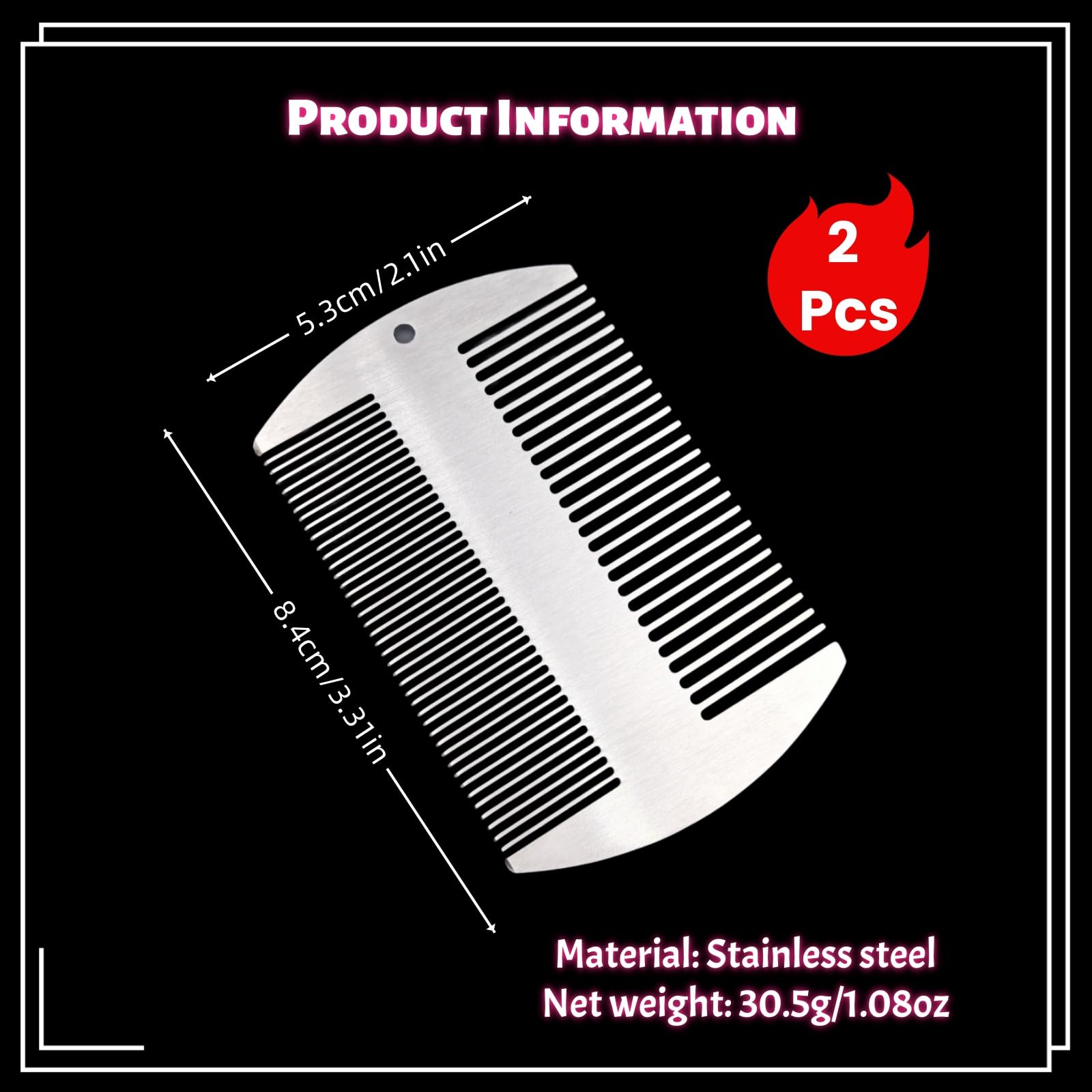 2 Pcs Metal Beard hair Comb for Men - Stainless Steel Pocket Mustache Comb, Dual Action Fine & Wide Teeth, Credit Card Size, Anti-Static, Lice Remover, Barber Styling - Silver