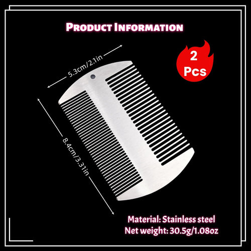 2 Pcs Metal Beard hair Comb for Men - Stainless Steel Pocket Mustache Comb, Dual Action Fine & Wide Teeth, Credit Card Size, Anti-Static, Lice Remover, Barber Styling - Silver