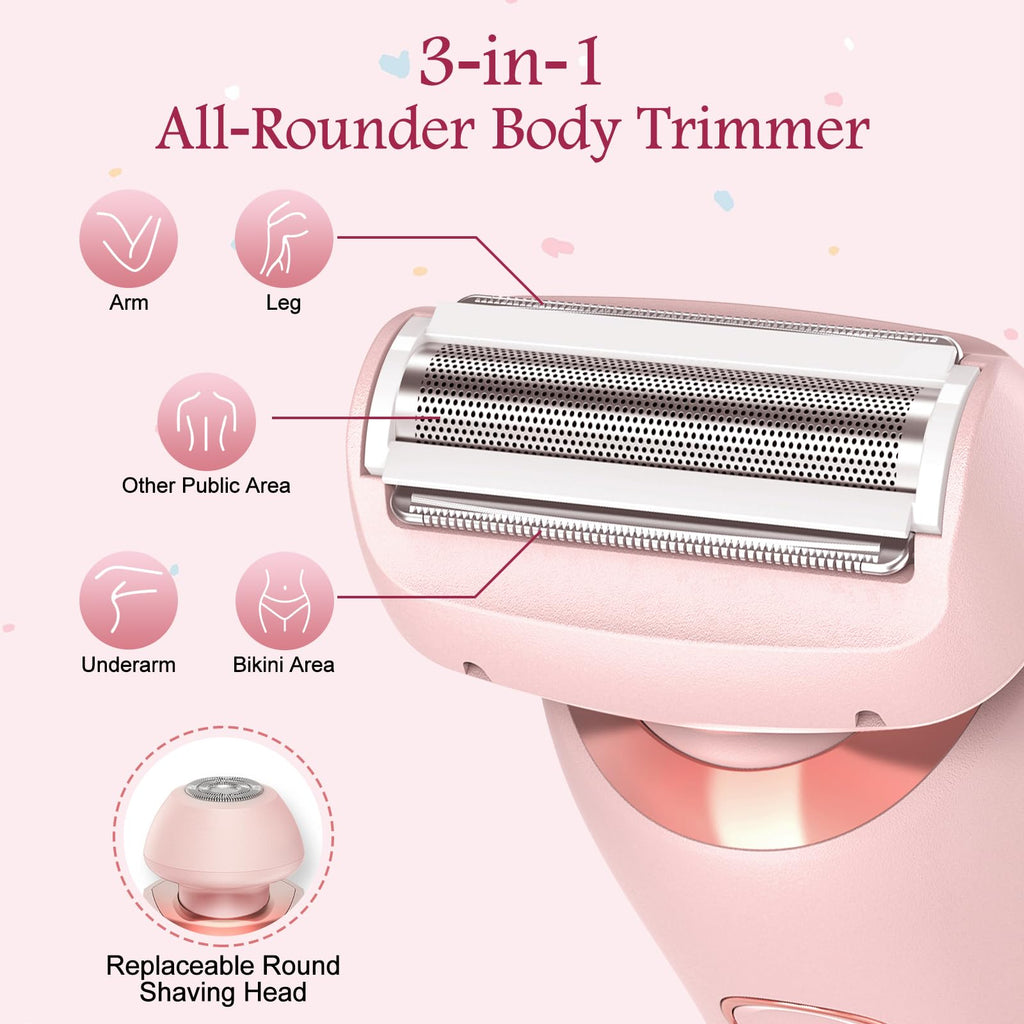 Electric Shaver for Women, SilkGlide Pro 2.0 Electric Razor for Women, Painfree Hair Trimmer with 2 Removable Heads for Sensitive Skin, IPX7 Waterproof, USB Rechargeable, Pink