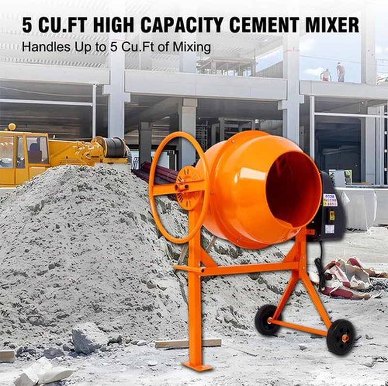 Skiennix 5.0 Cu. Ft Electric Cement Mixer - 650W Heavy-Duty Portable Concrete Mixer with Wheels & Stand, Adjustable Tilt, Orange