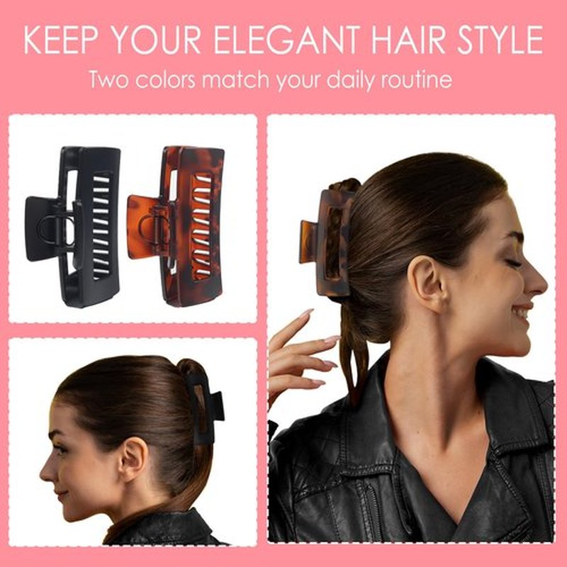 RosyReeds Claw Clip for Women, 4.3" Large 360° Grip Butterfly Spring Hair Clip, Matte Claw Clips 2 Pack - Strong Hold Rectangle Clips, Durable for Thick Hair, Black & Tortoise