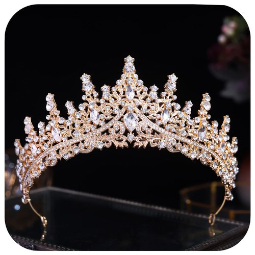 Crystal Princess Queen Tiara - Birthday Rhinestone Crowns Headband for Women Wedding Halloween Prom Pageant Party Coming of Age Ceremony Photo Props （HG828-Gold White）