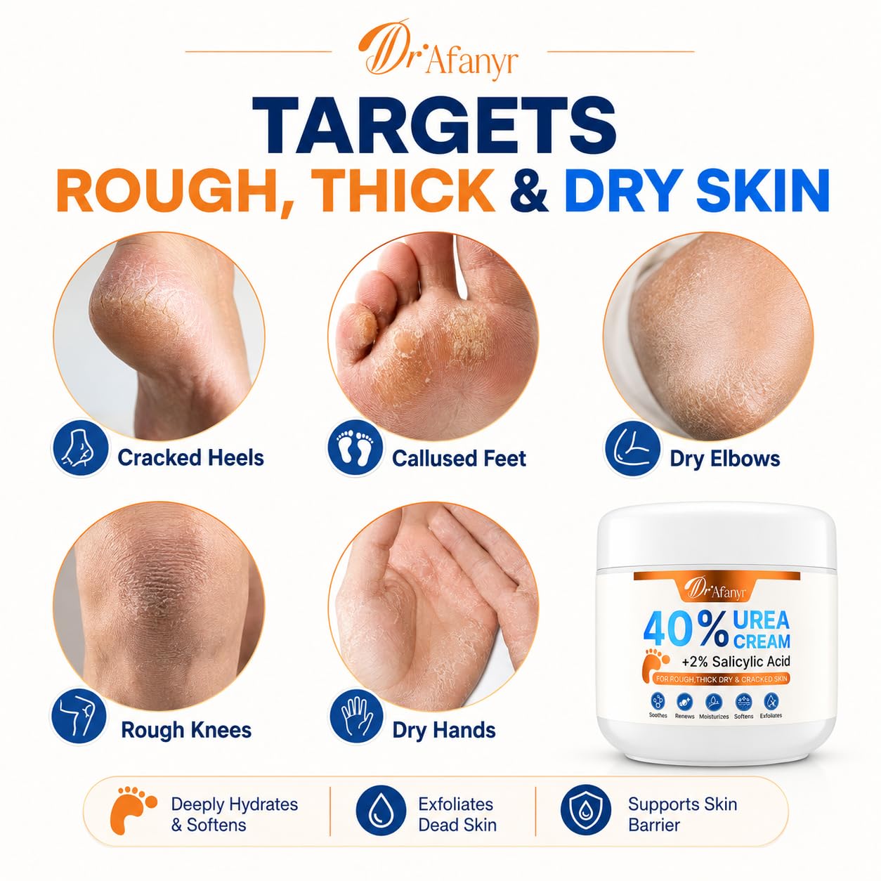 DR.Afanyr 40% Urea Cream for Feet – Foot Cream with 2% Salicylic Acid for Dry Cracked Heels and Feet, Formulated with Shea Butter, Tea Tree Oil for Deep Moisturizing(5.29oz)
