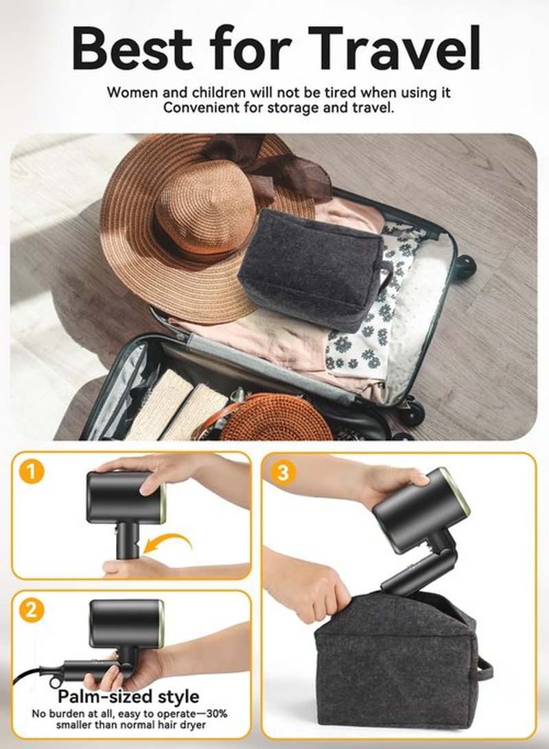 Hair Dryer, 150000RPM Ionic Blow Dryer - Fast Drying, Low Noise, Foldable Portable with Diffuser and Nozzle, Compact Mini for Women and Men, Home and Travel(Black)