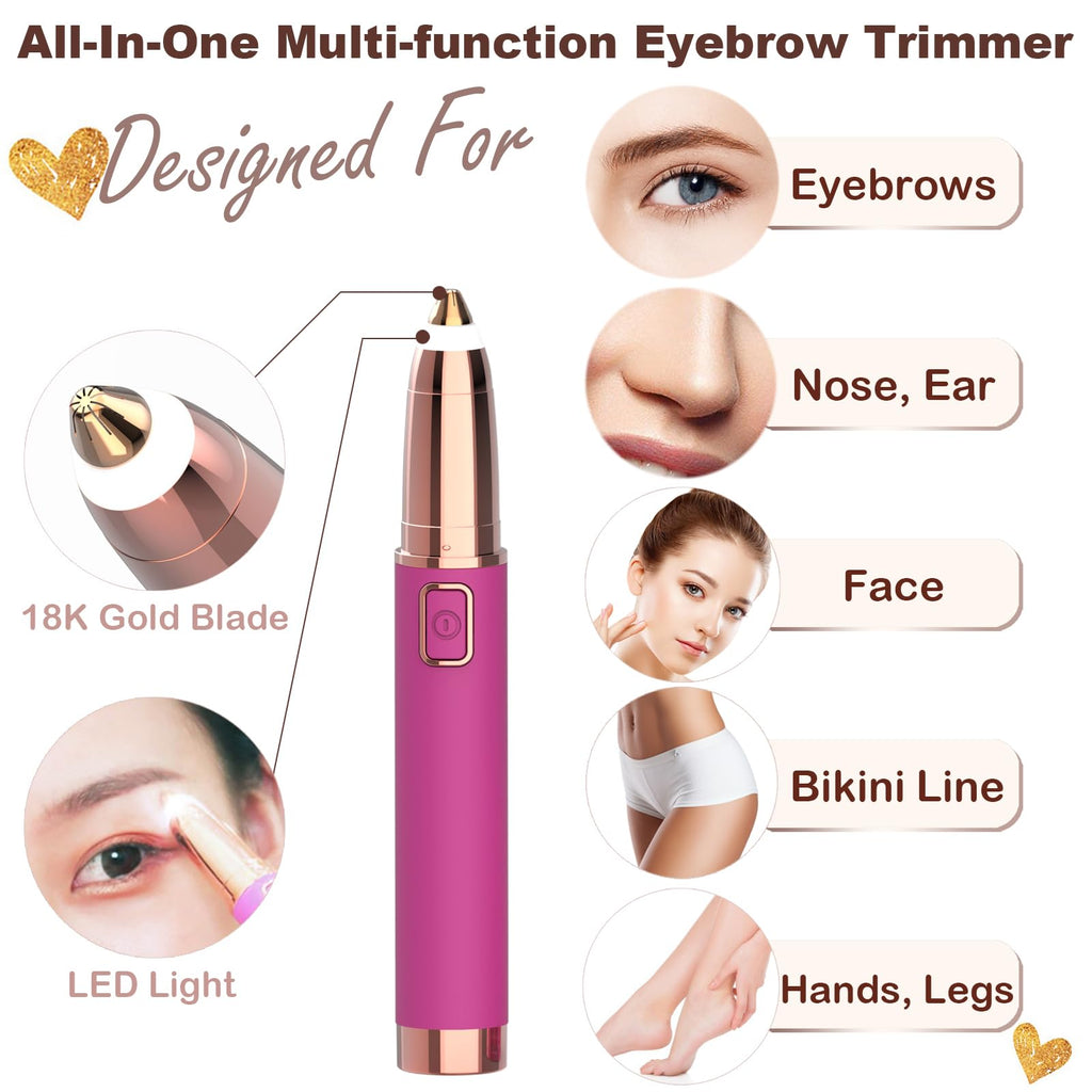Eyebrow Trimmer for Women - Electric Eye Brow Razor with LED Light Painless & Easy Clean for Eyebrows Face Nose Ear Hair Chin Lips Peach Fuzz Bikini Lines & Other Detailing - Battery Operated (Pink)